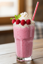 A creamy raspberry milkshake garnished with whipped cream and whole raspberries, presented in a tall glass.