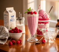 A table displaying a glass of milk and a glass of raspberry milkshake, garnished with a cherry on top.