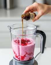 A blender containing a vibrant pink raspberry milkshake, ready to be blended into a delicious drink.