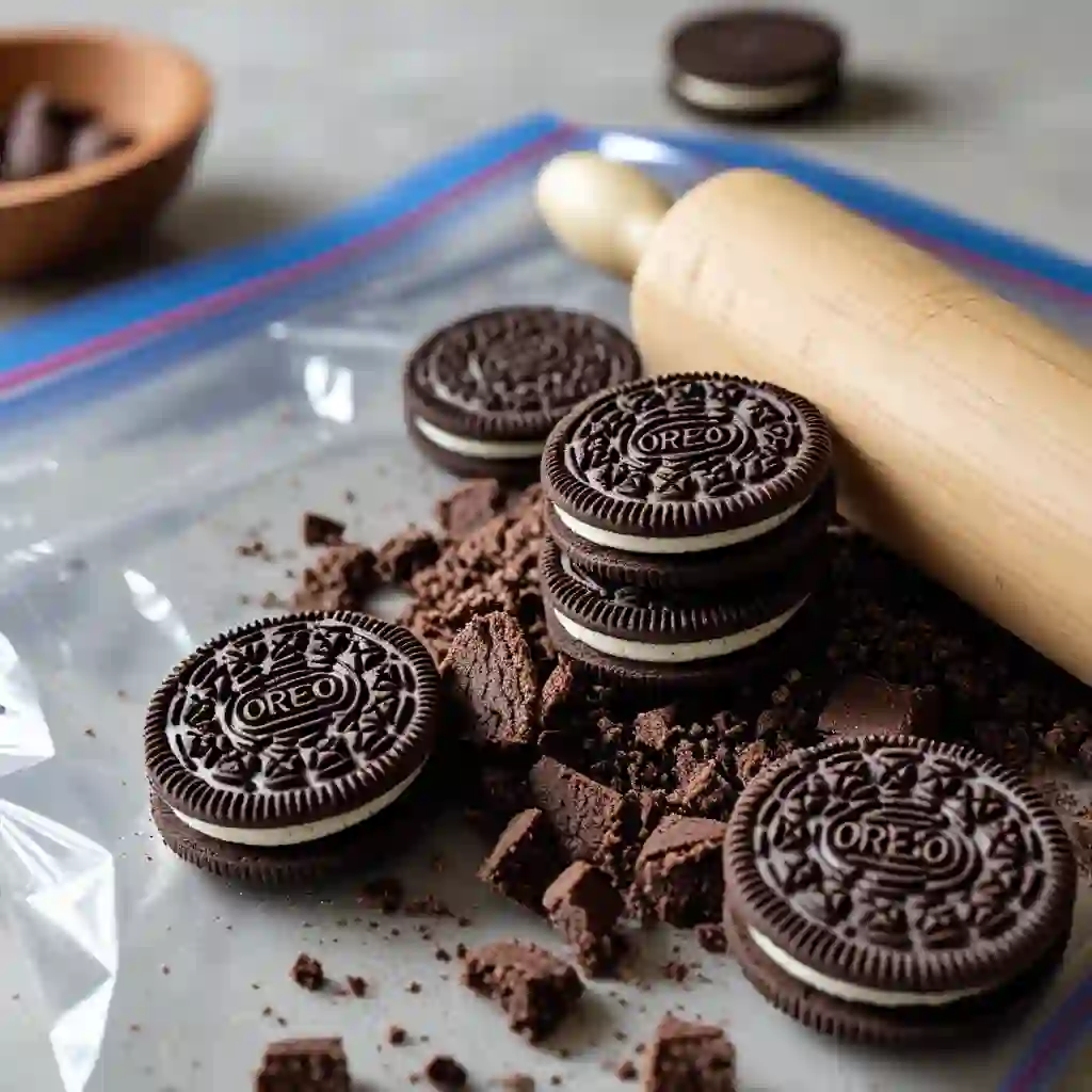 A rolling pin rests beside a stack of Oreo cookies, ready for baking or creative culinary projects.