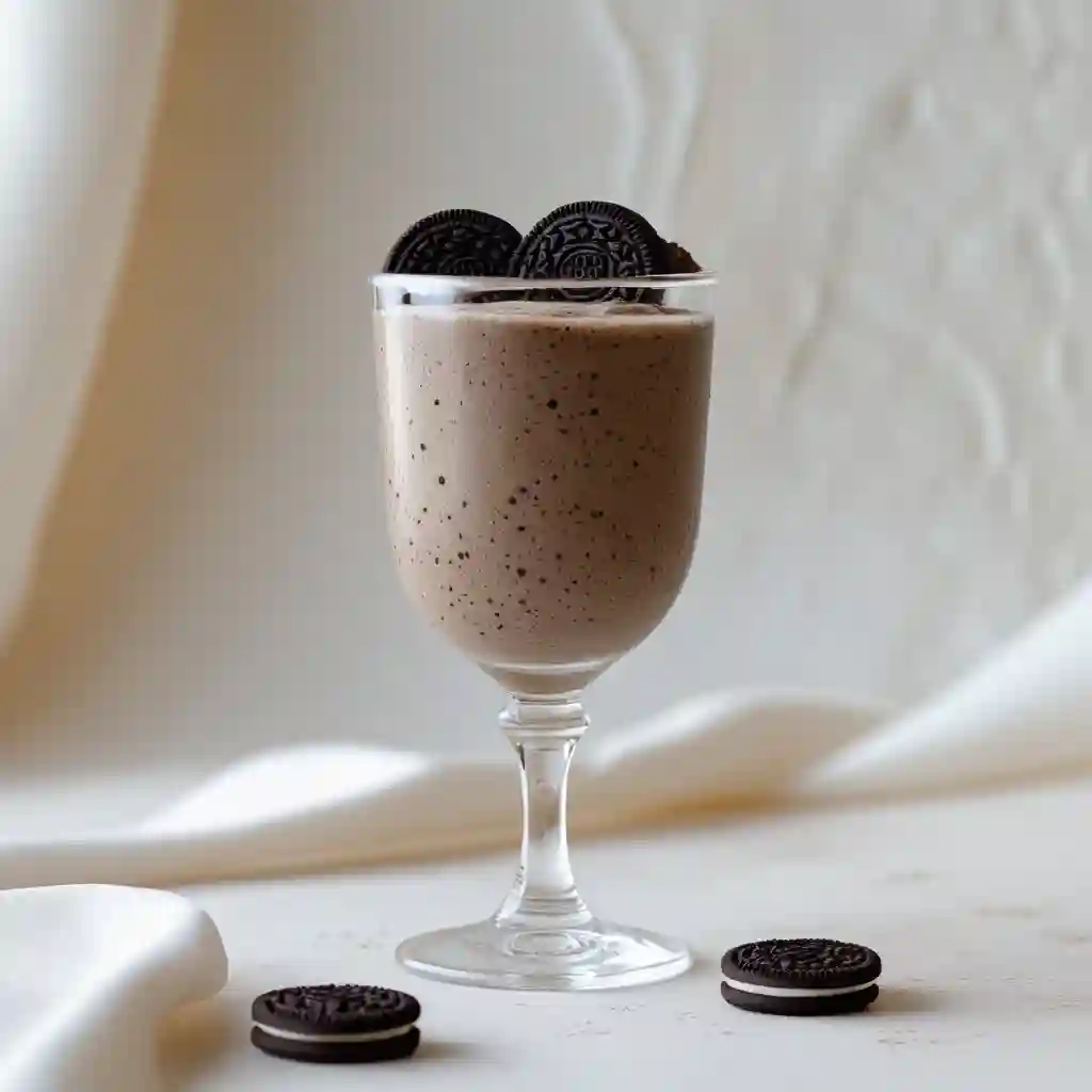 A delicious Oreo milkshake in a clear glass