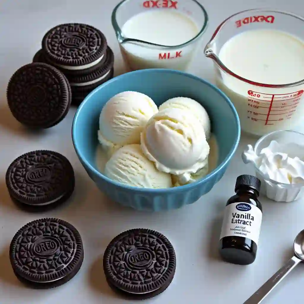 Oreo cookies, including milk, Ice cream, vanilla extract and one spoon on a wooden surface