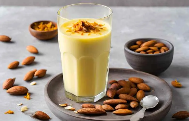 A glass of almond milk next to a bowl of almonds, key ingredients for making a delicious Saffron Almond Milk recipe.