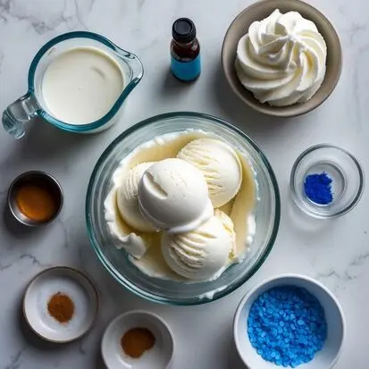 Ingredients for Frosty Bantha Milkshake: milk, vanilla ice cream, vanilla essence, blue food dye, whipped cream, sugar sprinkles, cinnamon or nutmeg.