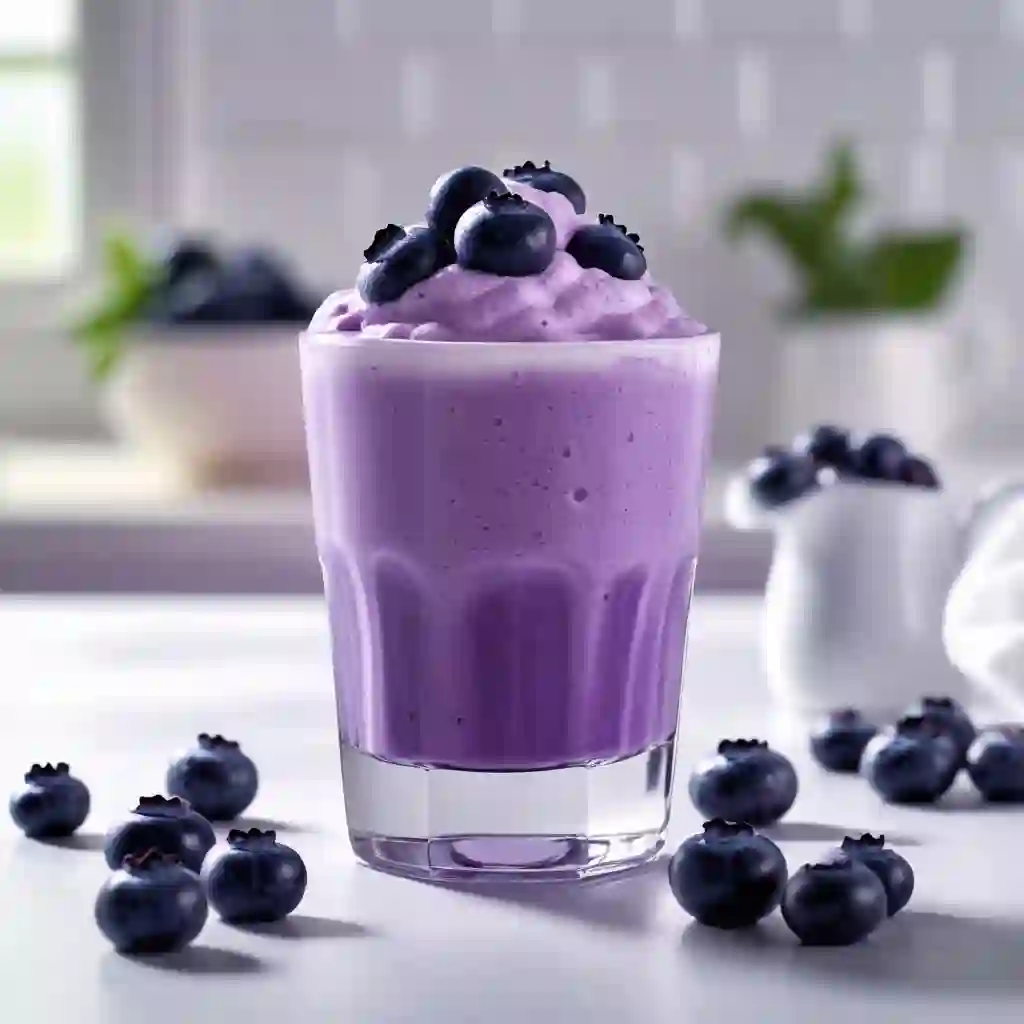 A delicious purple blueberries milkshake, set on a rustic table surface.