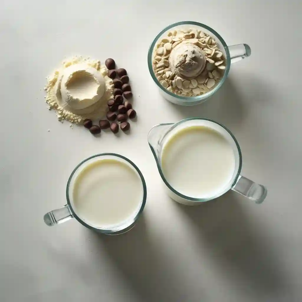 Two bowls containing milk, chocolate chips, and assorted nuts arranged on a table.