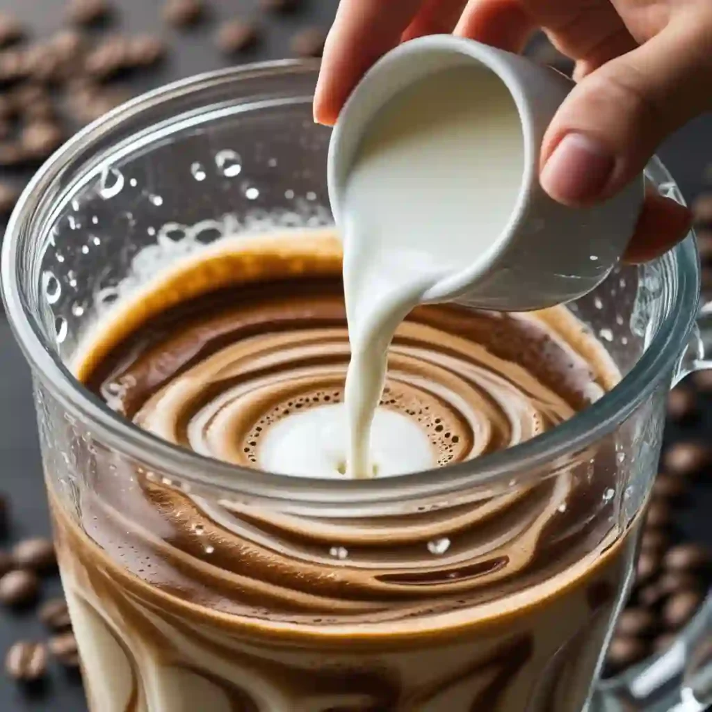 A hand pours fresh milk into a coffee cup, blending the two liquids together in a warm.