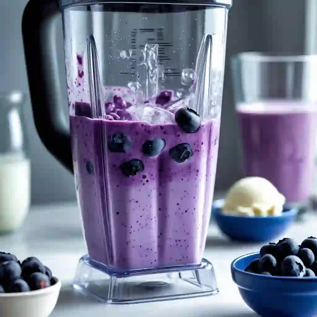 A clear blender filled with a thick blueberry milkshake