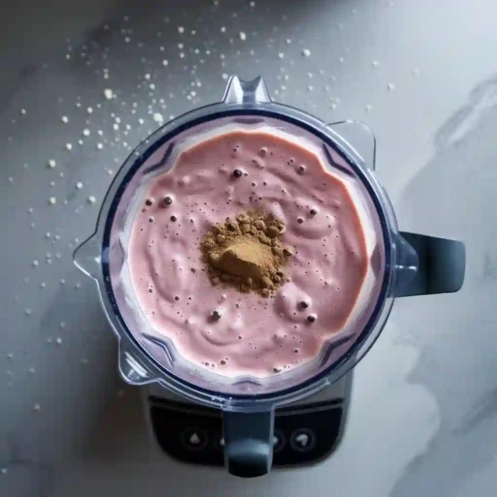 A blender containing a thick pink vanilla protein shake, highlighting a nutritious drink prepared for enjoyment.