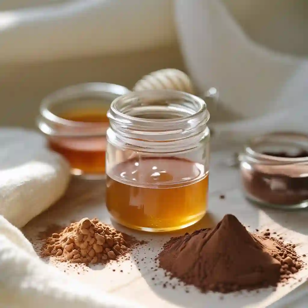 A wooden table displays chocolate powder, honey, and brown sugar.