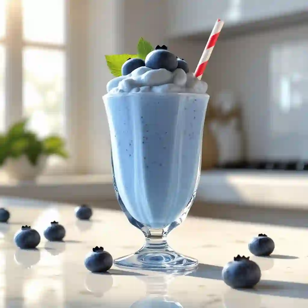 A delicious blueberry milkshake with a straw
