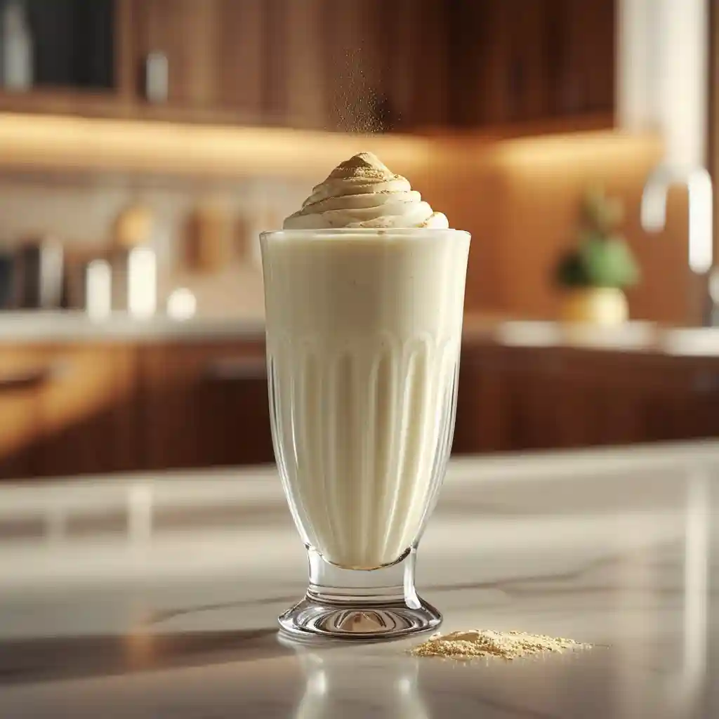 A protein milkshake rests on a counter.