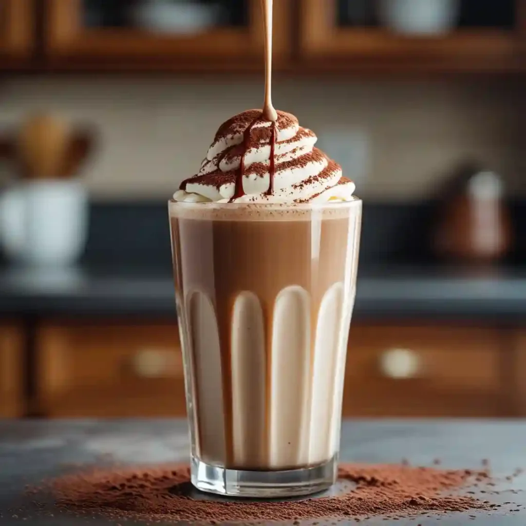 A rich chocolate milkshake is being poured into a glass