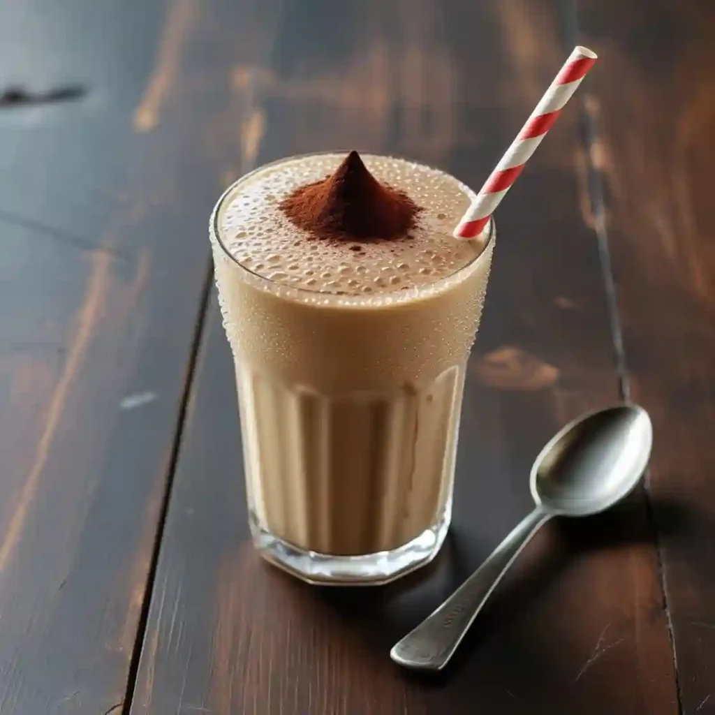 A glass of chocolate milk accompanied by a straw and a spoon