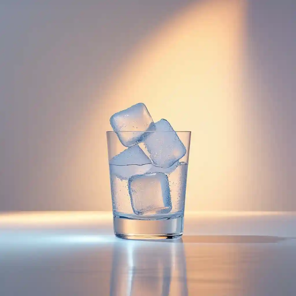 A glass filled with clear ice cubes.