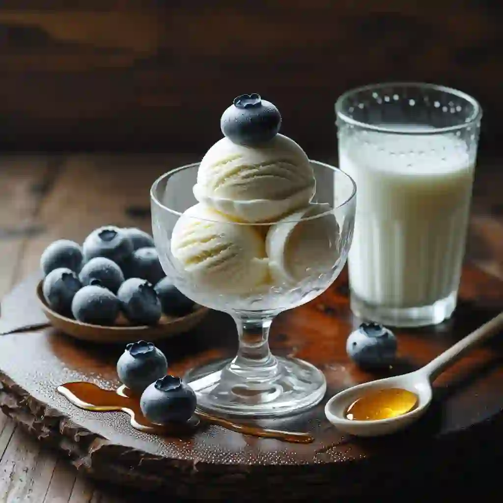 A bowl filled with ice cream and fresh blueberries sits atop a rustic wooden table, inviting and delicious
