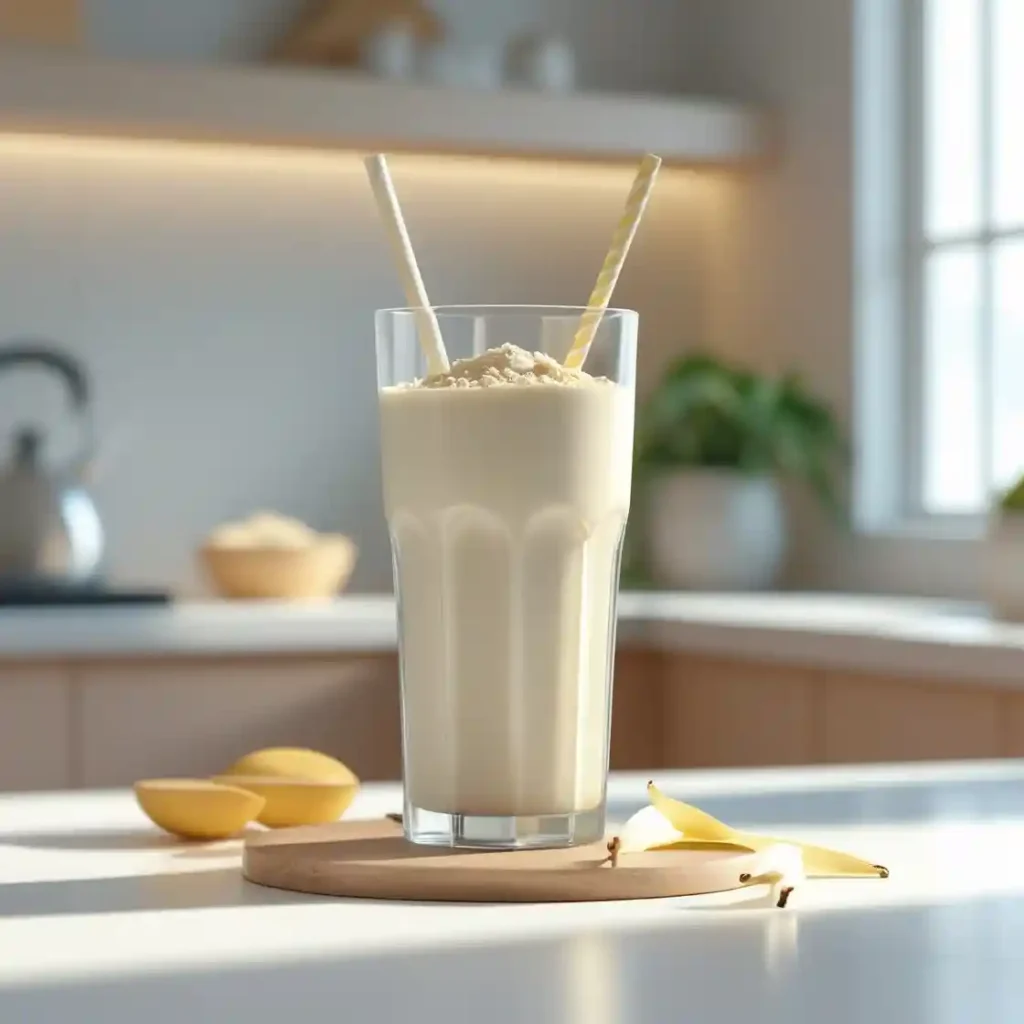 A glass of milk accompanied by vanilla protein milkshake with colorful straws