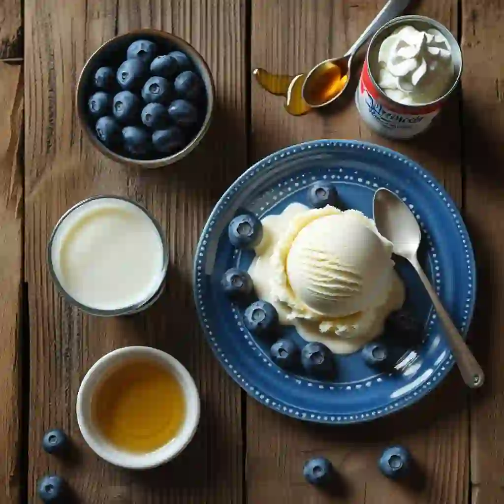 On a blue plate, a scoop of ice cream is adorned with blueberries, complemented by a small pour of milk
