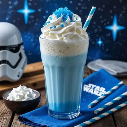 Serve Frosty Bantha Milk (Star Wars Blue Milk) in a tall glass, topped with whipped cream or blue sprinkles. Enjoy cold!