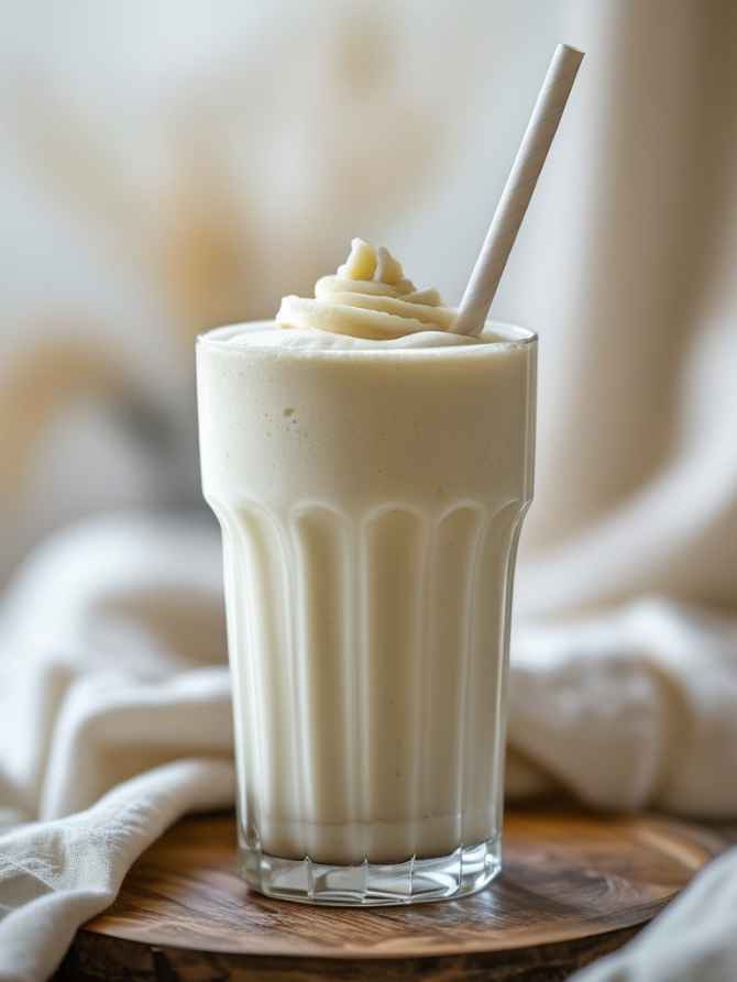 Vanilla Protein Milkshake in a glass, topped with a straw, showcasing a refreshing, protein-packed beverage ready to be enjoyed.