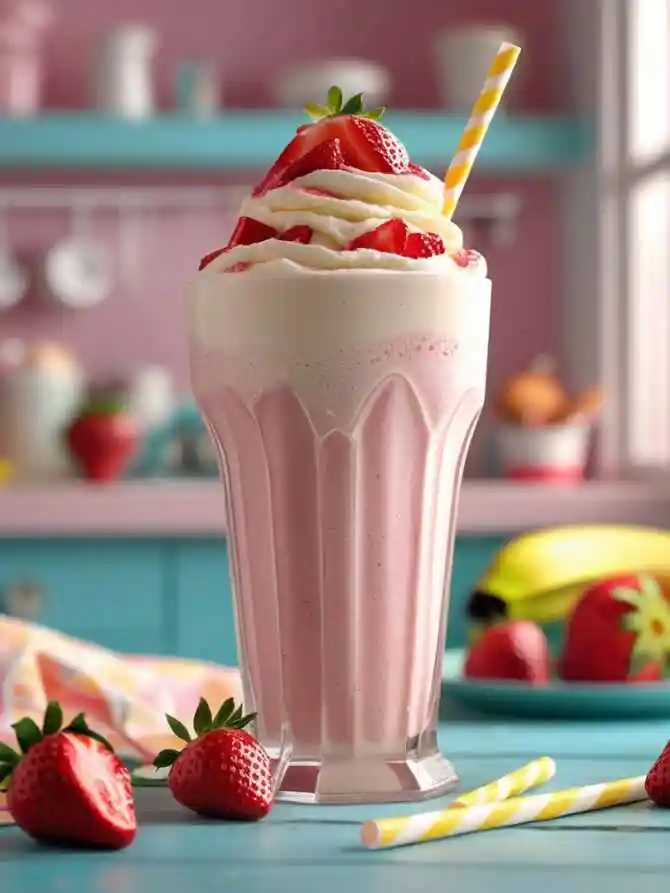 strawberry banana milkshake into the glass