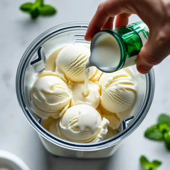 A hand pours milk over scoops of vanilla ice cream in a blender, with fresh mint leaves nearby, preparing a Shamrock Shake Recipe