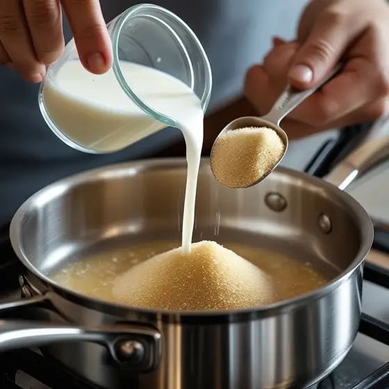 A person pours milk into a pot of sugar, preparing to cook a sweet mixture on the stove to make Homemade Condensed Milk