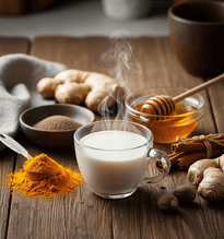 Turmeric milk featuring ginger, honey, and cinnamon, presented in a bowl, highlighting its rich yellow hue and aromatic spices