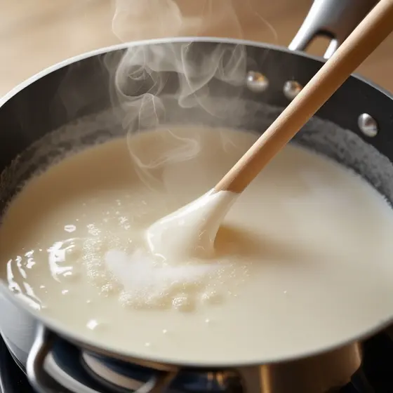 Homemade Condensed Milk simmering in a pot, steam rising as a wooden spoon stirs through the creamy surface.