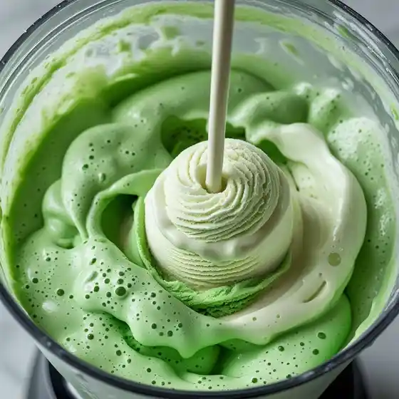 A close-up of a blender filled with creamy green matcha foam, featuring a round swirl of vanilla ice cream on a stick in the center, perfect for a Shamrock Shake Recipe.