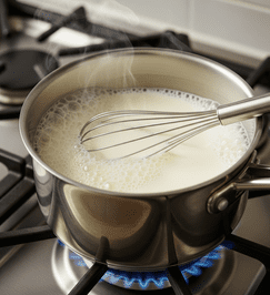 A pot filled with turmeric milk on a stove, gently heating with steam visible above.