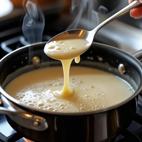 A hand holding a spoon lifts creamy, bubbling Homemade Condensed Milk from a steaming black pot on the stove, releasing wisps of steam.