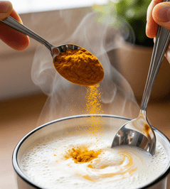 Turmeric powder is being added to a cup of milk, illustrating the process of making turmeric milk