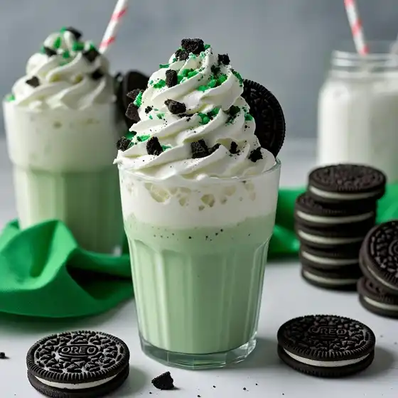 A glass of mint green Shamrock Shake Recipe topped with whipped cream, Oreo crumbles, and green sprinkles, with Oreo cookies and a green cloth nearby.