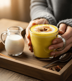 A person holding a yellow mug filled with turmeric milk, showcasing a warm beverage in a cozy setting