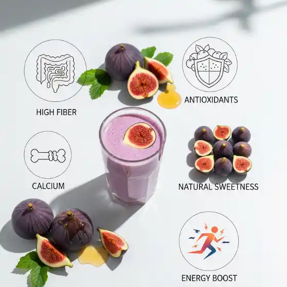 A glass of fig milkshake on a white surface, surrounded by fresh figs and honey. Icons highlight benefits: high fiber, calcium, antioxidants, sweetness, and energy.