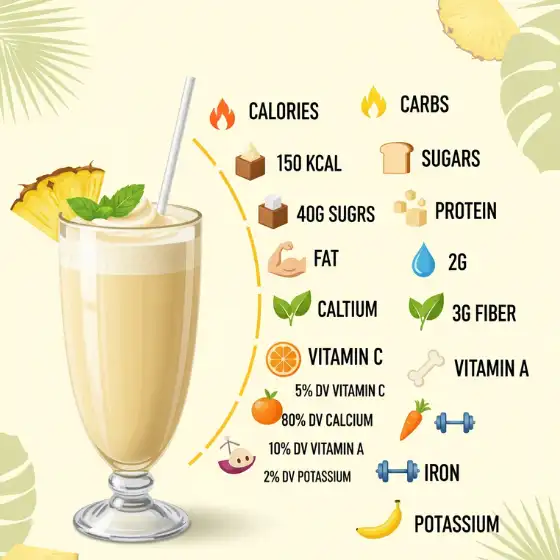 A tropical Pineapple Milkshake Recipe served with a straw and pineapple garnish, surrounded by nutritional info: 150 calories, 40g sugar, 2g protein, 3g fiber, vitamins C, A, and calcium, evoking a vibrant tropical vibe.