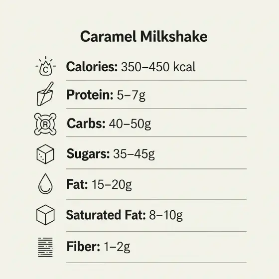 Nutritional information for a Caramel Milkshake: calories, protein, carbs, sugars, fat, saturated fat, and fiber content displayed clearly.