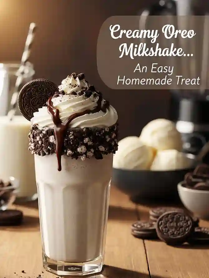 A tall glass of Oreo milkshake topped with whipped cream, Oreo crumbles, and chocolate drizzle, next to cookies and a bowl of ice cream. Warm, inviting tone, perfect while browsing Edgar haircuts for men.