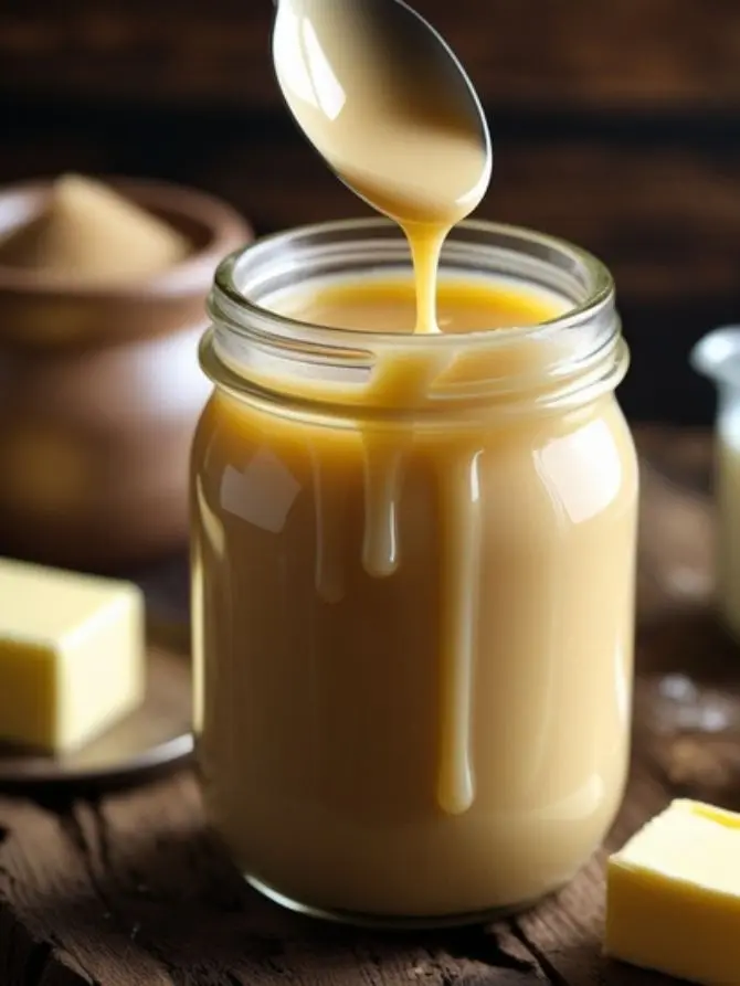A jar of golden caramel sauce drips from a spoon, surrounded by butter and sugar on a rustic wooden surface, highlighting the rich texture of Homemade Condensed Milk.