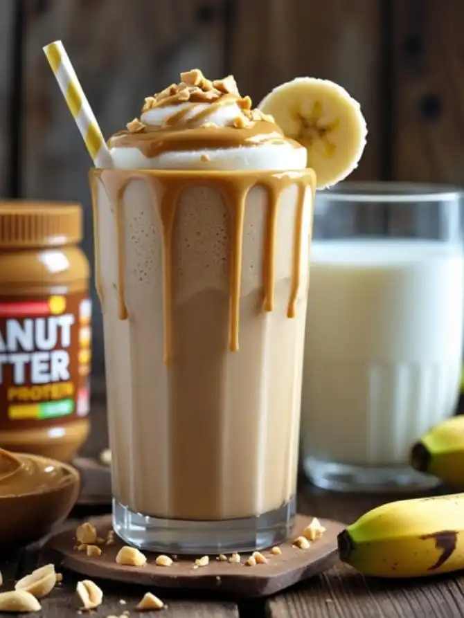 A creamy Peanut Butter Protein Shake topped with whipped cream, peanuts, and a banana slice, beside a glass of milk and fresh bananas.
