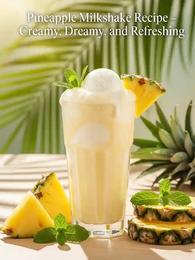 A fresh Pineapple Milkshake Recipe served in a tall glass, topped with ice cream and mint. Slices of pineapple and mint leaves decorate the light wooden table.