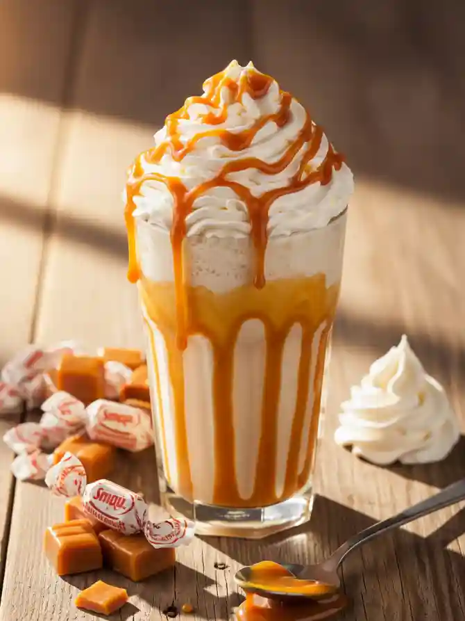 A tall glass filled with a creamy Caramel Milkshake topped with whipped cream and caramel drizzle, surrounded by caramel candies.