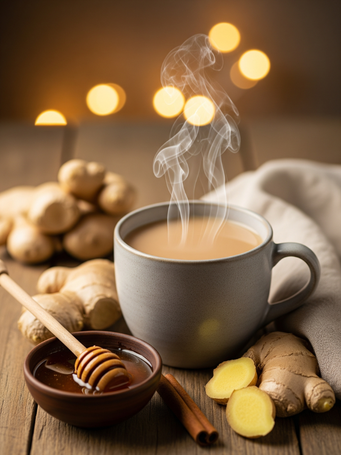 A steaming cup of Ginger Milk Tea with honey, fresh ginger, and cinnamon sticks, set against a warm, blurred background.