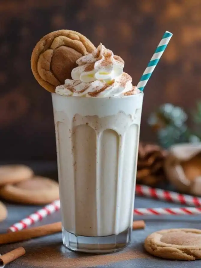 Snickerdoodle milkshake topped with whipped cream, cinnamon, and a cookie, served in a tall glass with a striped straw.
