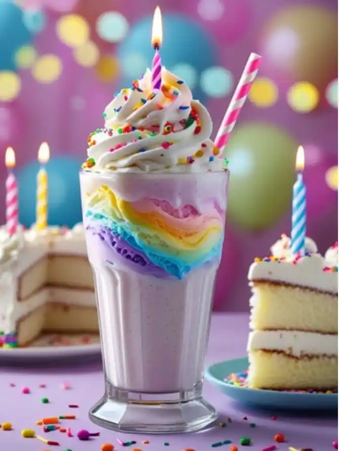 Colorful Birthday Cake Milkshake topped with whipped cream and candles, alongside a slice of vanilla cake adorned with sprinkles
