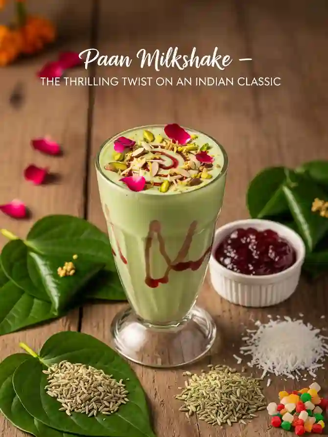 A creamy green Paan Milkshake garnished with nuts and rose petals, sits on a wooden table surrounded by paan leaves, fennel seeds, jam, and coconut.