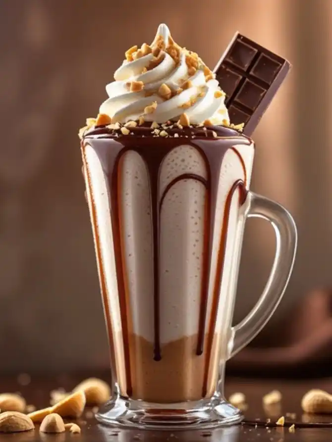 A tall glass filled with creamy dessert, topped with whipped cream, chocolate, and crushed nuts, garnished with a chocolate bar.