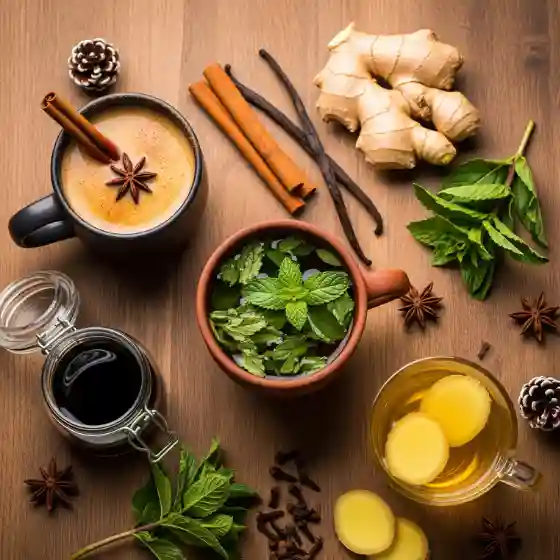 Three cups of different teas, including Ginger Milk Tea, on a wooden table surrounded by herbs, spices, ginger, and pinecones. The scene conveys warmth and relaxation.