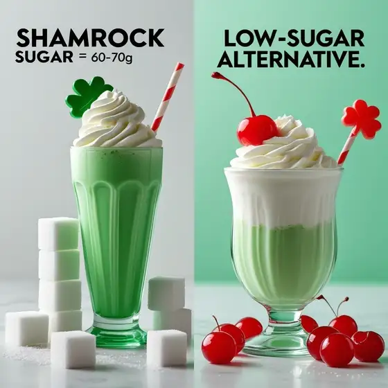 A side-by-side comparison of a high-sugar Shamrock Shake Recipe and a low-sugar alternative, highlighting health-conscious choices.